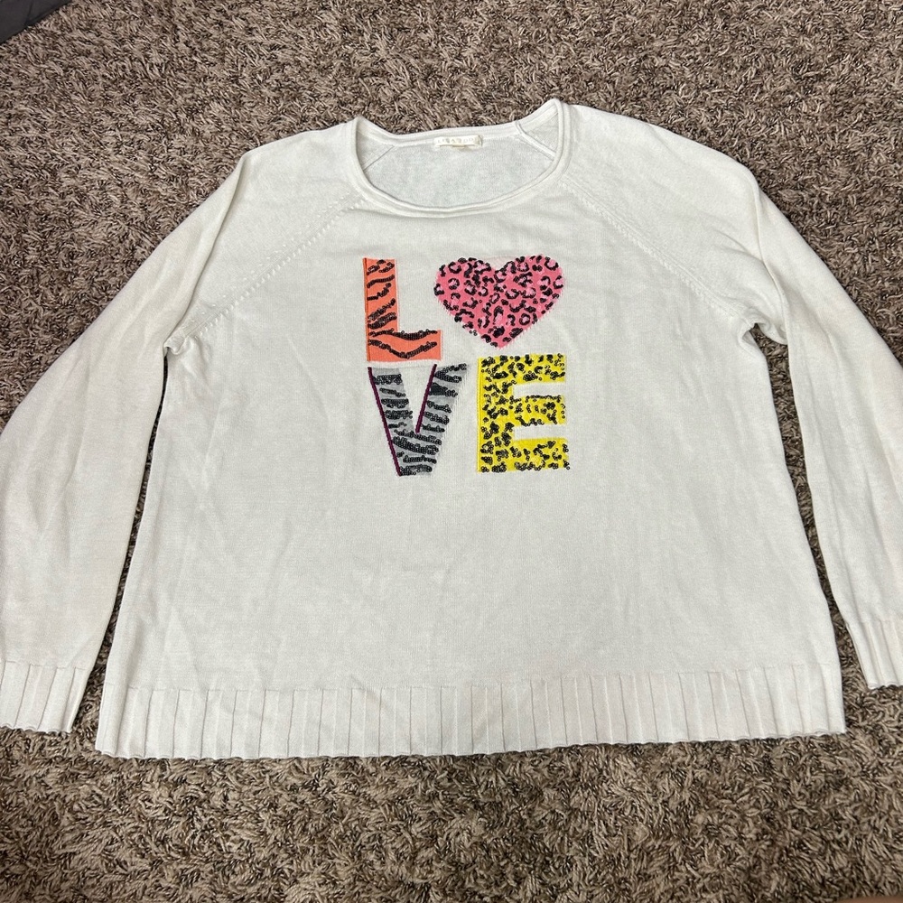 Lisa Todd White Sweater with Colorful Animal Print LOVE Design Sz L